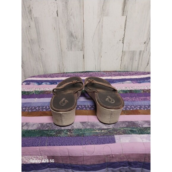 OLUKAI ~ Women's “Melia” Brown Leather Wedge Platform Flip Flop Sandals Size 8 - Picture 6 of 8